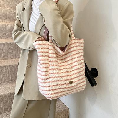 Striped Plush Bag Women's Winter 2025 New Trendy Fashion College Style Tote Bag Casual Large-capacity Woolen Bag