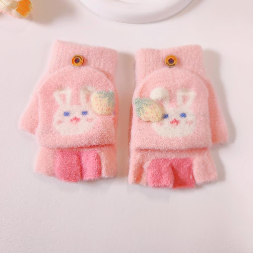 Girls' Cartoon Strawberry Rabbit Flip-Top Gloves - Warm Half-Finger, Autumn/Winter for Kids and Toddlers