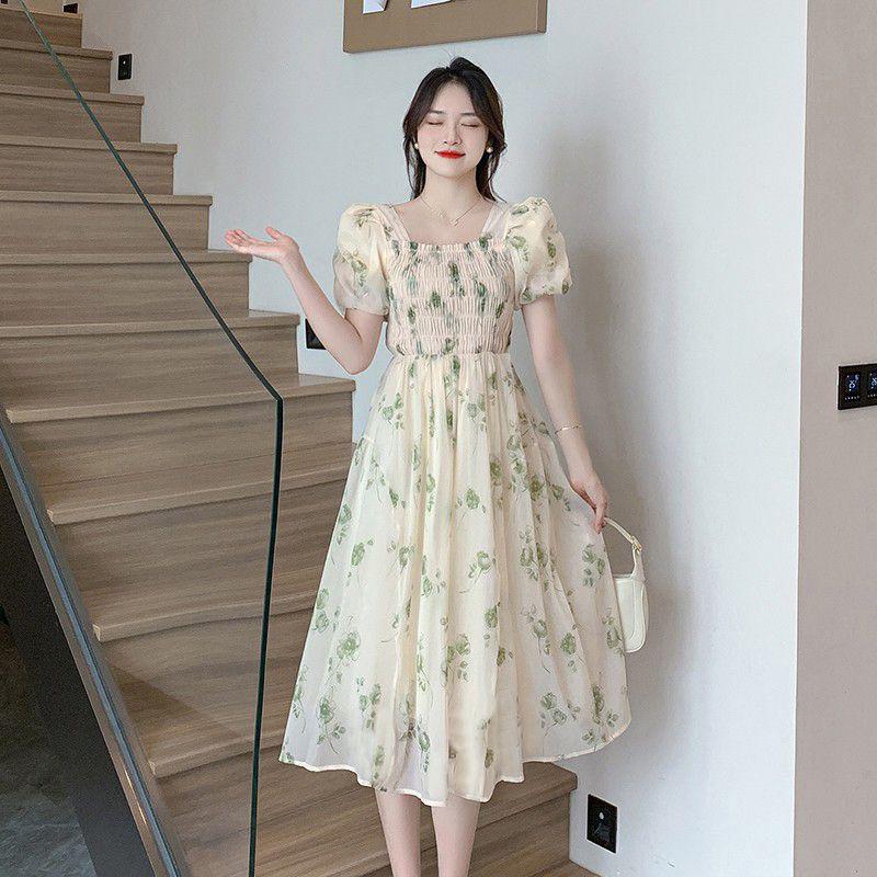 2026 Women's French Floral Puff Sleeve Summer Dress: New Style, Fresh & Gentle, Waist-Cinched, Slimming Skirt