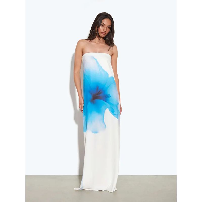 

European and American Women clothes Summer New Print Tube Top Large Backless High Waist Travel Dress Printed Dress Blue M