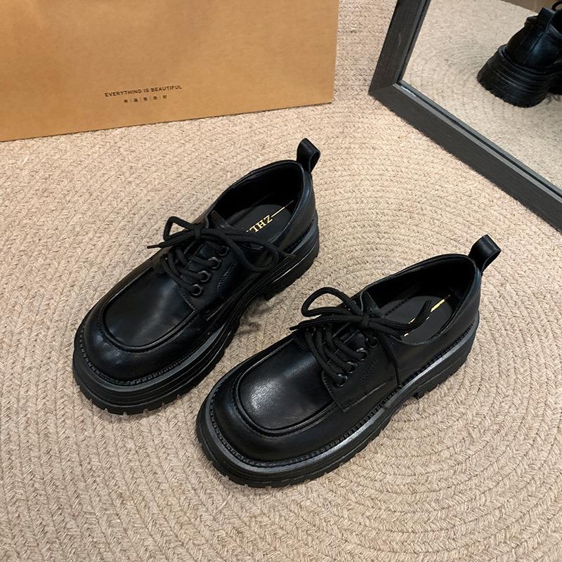  Fat mm platform small leather shoes women's new retro laceup college style large size women's shoes