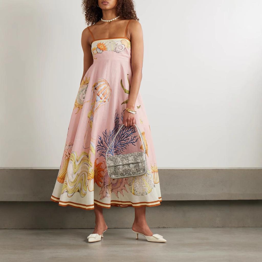 Women Spaghetti Strap Midi Dress Pink Ocean Animal Print A Line Casual Summer Dress