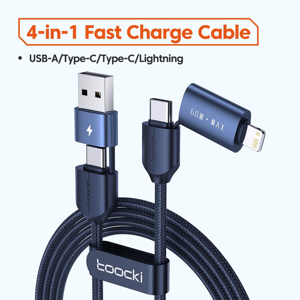 

Кабель Tooki 4 в 1 USB Type C к USB C/Lightning 60 Вт 3A для быстрой зарядки для Samsung Xiaomi Huawei Realme PD 27 Вт Lightning Cabl 1M синий
