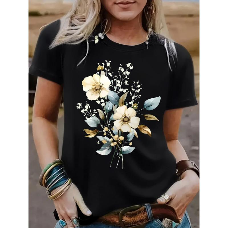 A New Summer Short-sleeved Women's T-shirt with Plant and Floral Prints
