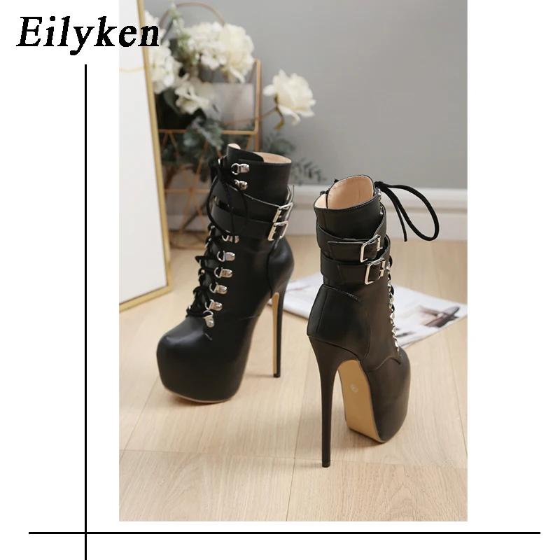 Eilyken  New Extreme Platform Boots Women For Autumn Winter Fashion Round Toe Thin Heels Ankle Strap Rivet Woman Boots