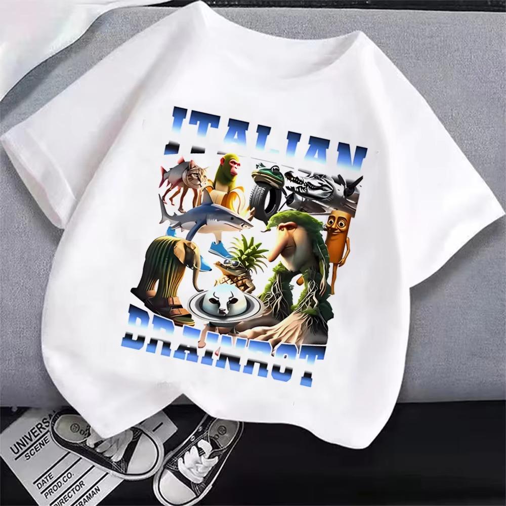 Italian Brainrot T-Shirt Kids Cartoon Anime Print Clothes Round Neck Basic Boys Tops Absorbent Casual Shirts Gift