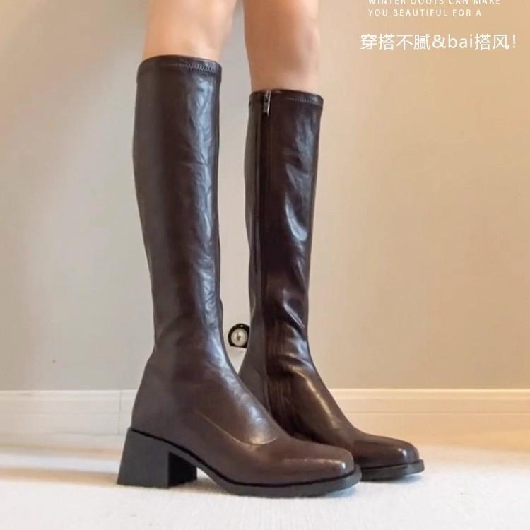 Cowhide version~ retro square head elastic thin boots women's 2025 new black high-heeled knight boots but knee boots