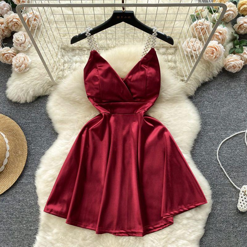 

Accessible Luxury Pearl Suspender Skirt Summer New Arrival Niche Style Satin Burgundy S