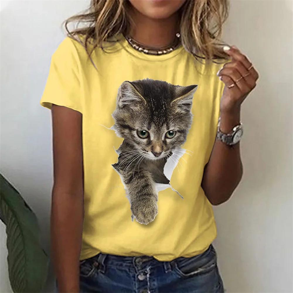 

Летняя женская футболка с 3D принтом, модная футболка с милым котом, футболка в стиле Харадзюку с животным, футболка с коротким рукавом и круглым вырезом, женская одежда 6XL