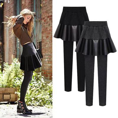 Women Leggings Skirt Elastic High Waist Thickened Plush Lining Tight Fit Faux Leather Culottes Fake Two Pieces Warm Versatile Culottes