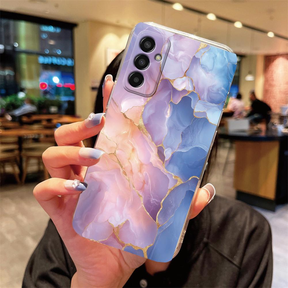 Artistic Blue Marble Black Leopard Print Phone Case For Samsung M33 M35 M34 M13 M14 M15 M53 M54 M55 M23 Clear Transparent Cover