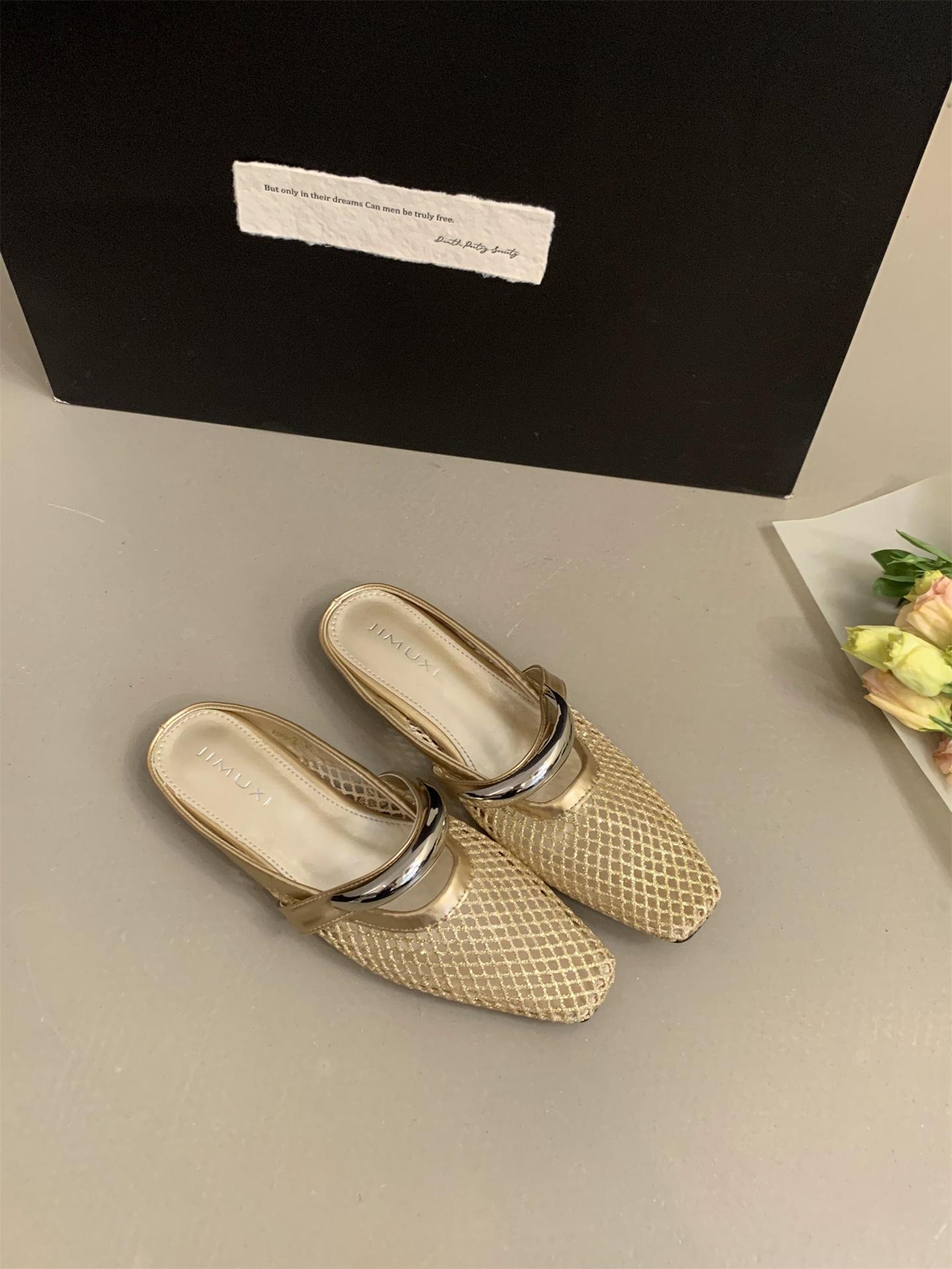 

Fashion Women Mesh Ballet Flats Fishnet Ballerina Flats Buckle Strap Slip On Ballerina Shoes Summer New Mesh Beach Slides Outside Mules 35 золотой