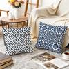 Blue Geometric Print Cushion Cover Durable Hypoallergenic Organic Linen Pillow Cover Short Size Washable SkinFriendly