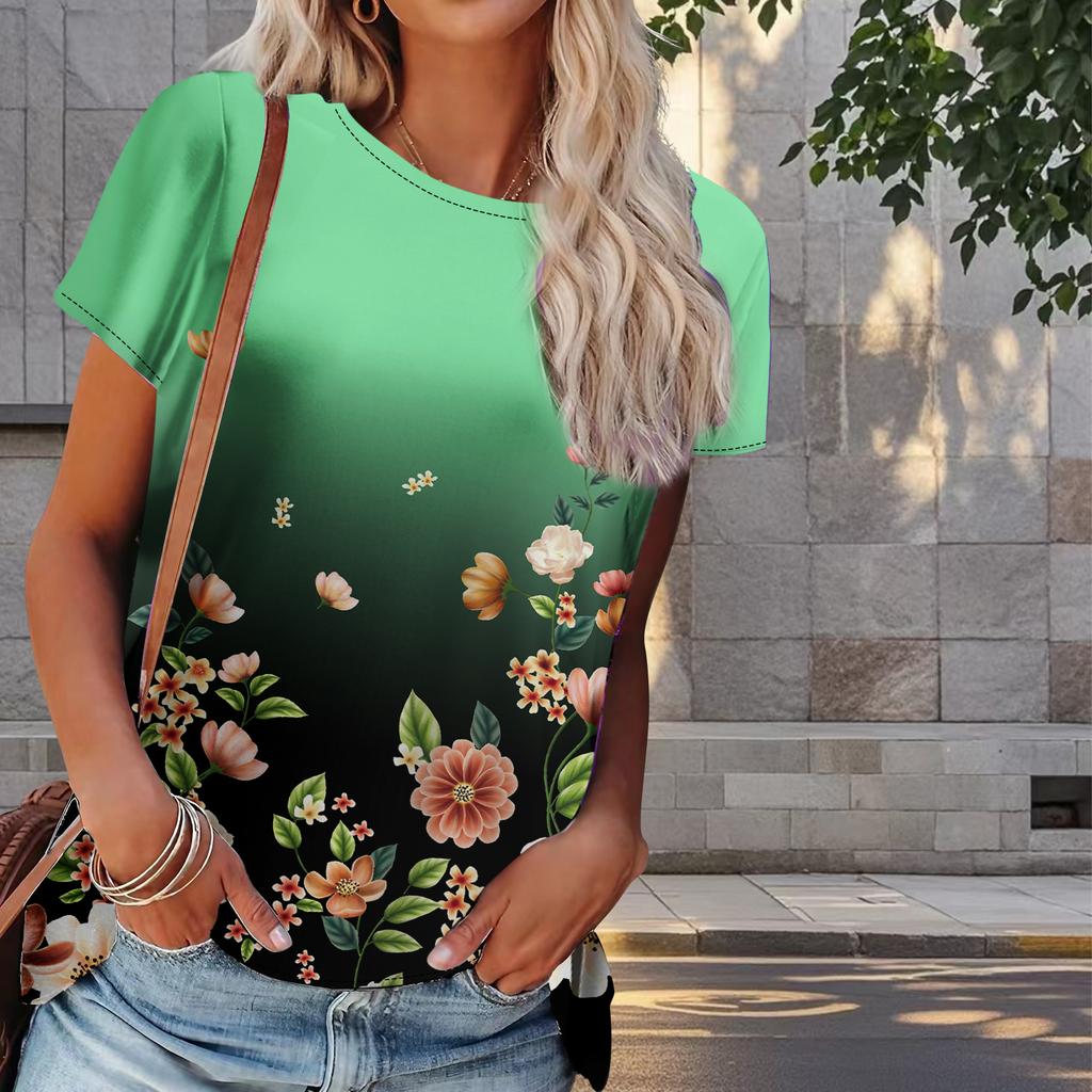 Damen Sommer T-Shirt Blumendruck Retro Mode Kurzarm T-Shirts Casual Printed Tops