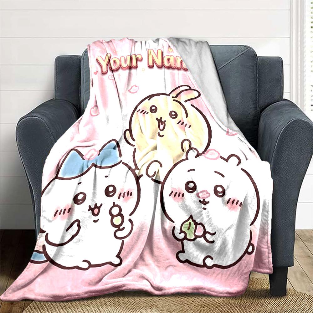 1pc Chiikawa Blanket with Custom Name, Gift, for Men and Women, Soft Blanket, Good for Sofa Bed Couch Travel, Lightweight Flannel Blanket