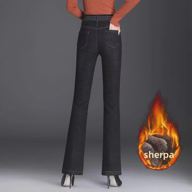 Γυναικεία Ελαστικά Ψηλόμεσα Βελούδινα Τζιν, Χειμώνας 2023 Βαμβάκι από Δέρμα Αρνιού, Πυκνωμένο Παντελόνι Μικρής Καμπάνας