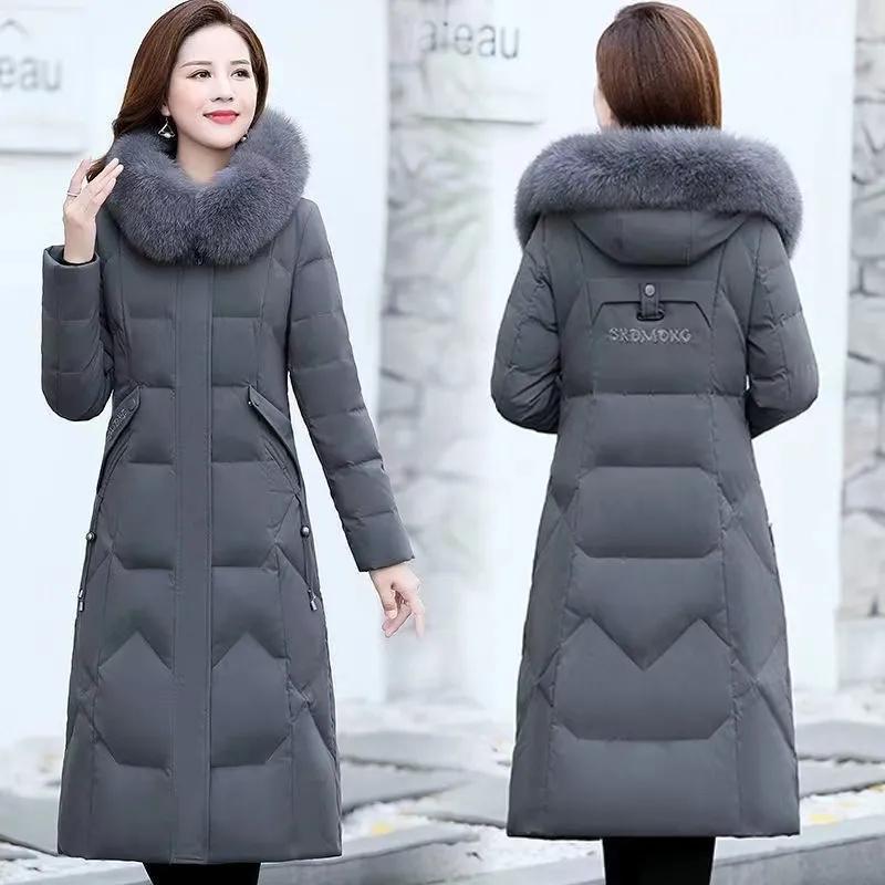Women Winter Temperament Elegant Long Embroidered Warm Coat Solid Color Hooded Slim Jacket