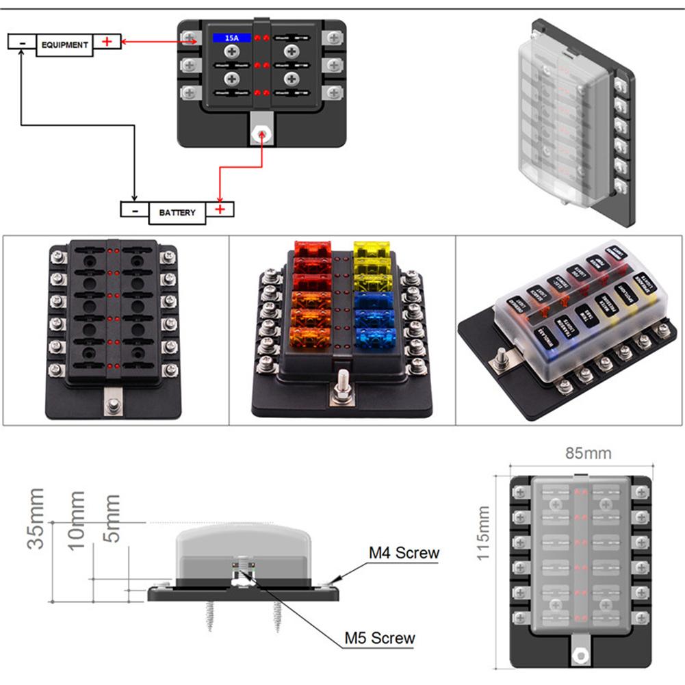Car Screw Binding Post Model 12 Ways Fuse Box with LED Indicator Light Vehicle Truck Fuses Car Accessories