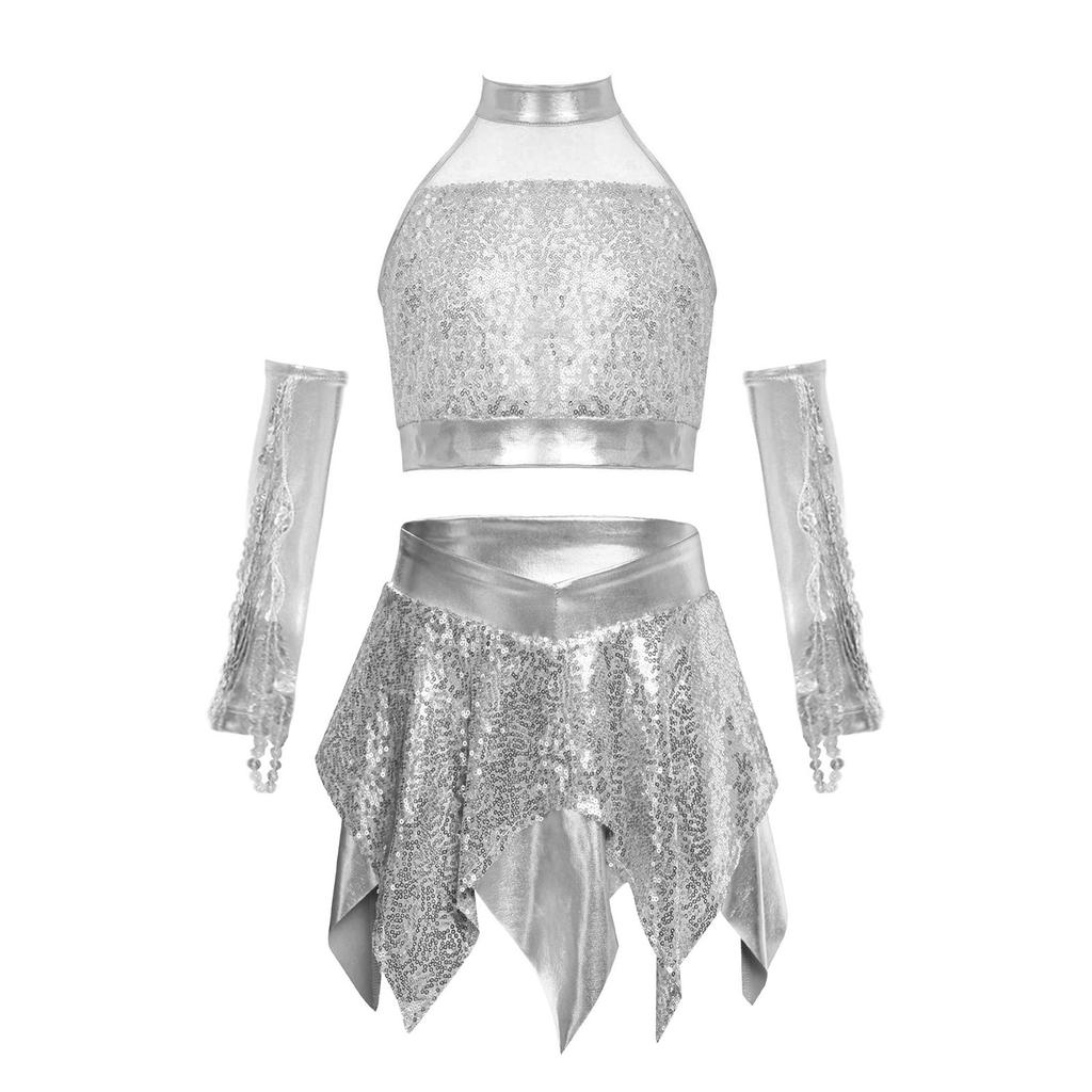 Girls Jazz Sleeveless Keyhole Back Sequins Crop Top Asymmetric Metallic Skirt Sequined Tassels Gloves Set