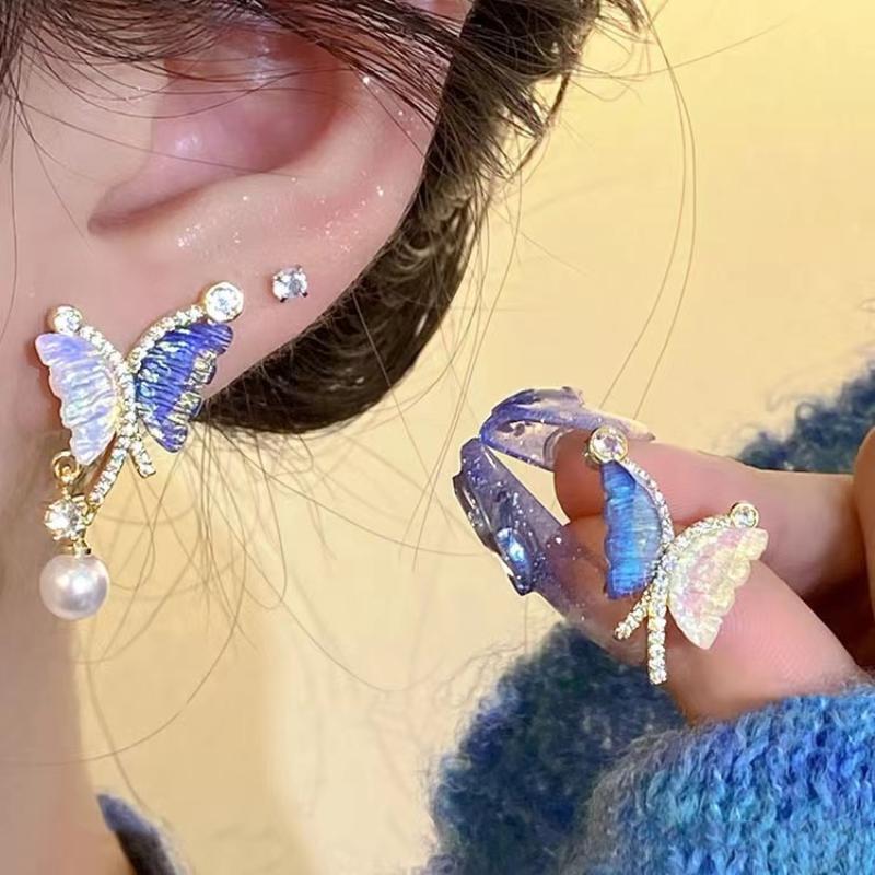 Asymmetrical Colorful Butterfly & Pearl Stud Earrings in S925 Sterling Silver