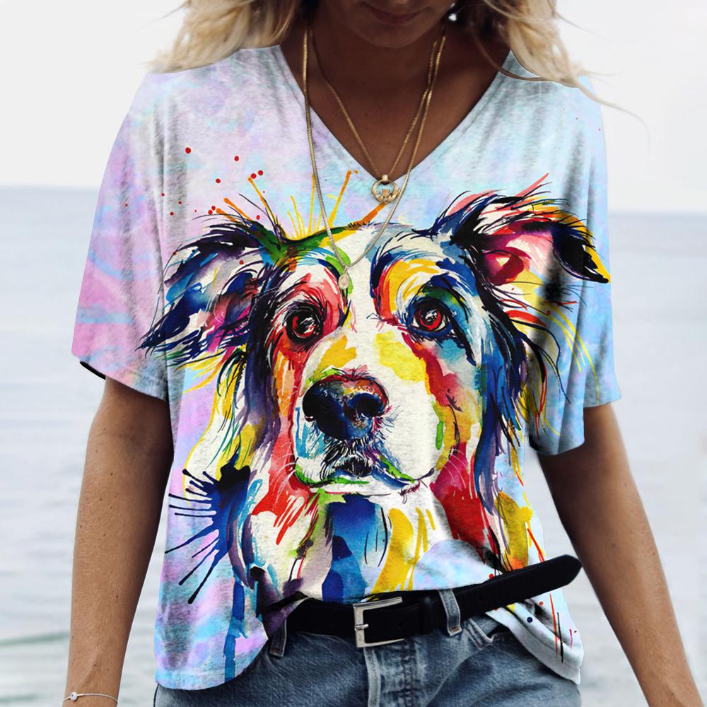 Summer New Women‘s T-shirt Animal Harajuku 3d Print Fashion V-neck Short Sleeve Quality Oversized T-shirt Females Tops Tees