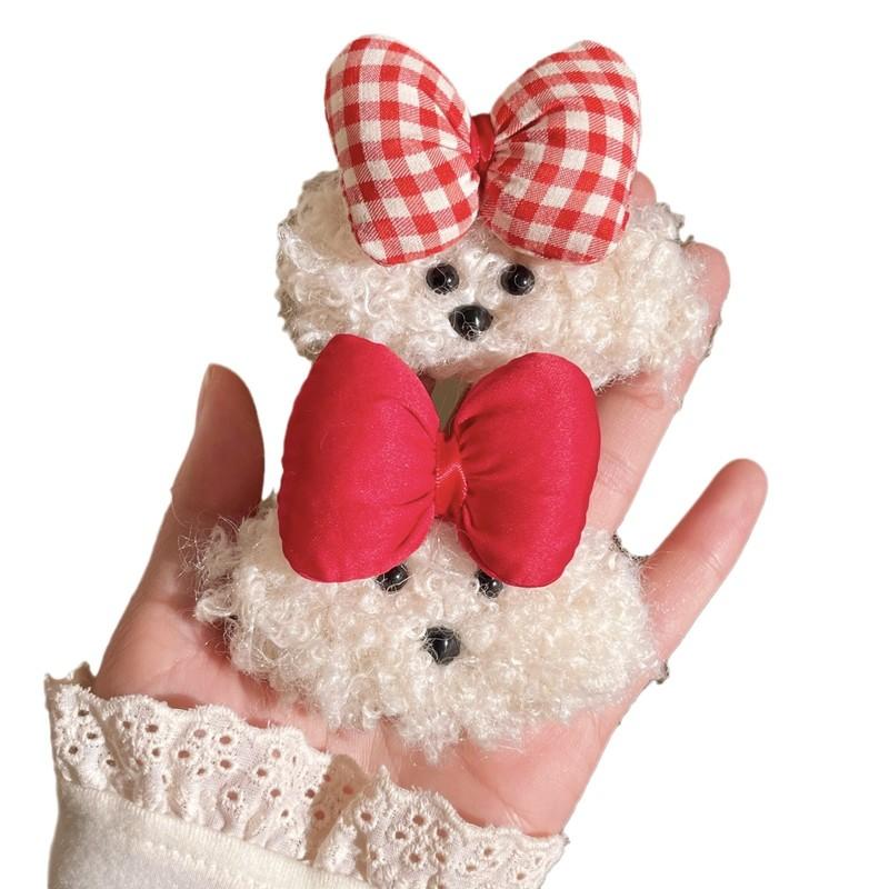 Cute Teddy Dog Plush Hair Clip With Red Blue Bowknot Cartoon Side Bangs Clip Hair Accessory For Girls Children Daily Wear