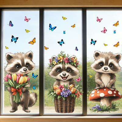 Yousheng Spring Fox Window Clings Cartoon Fox Flowers Butterflies Glass Sticker Removable Cute Animal Window Decals for Home Office Shop