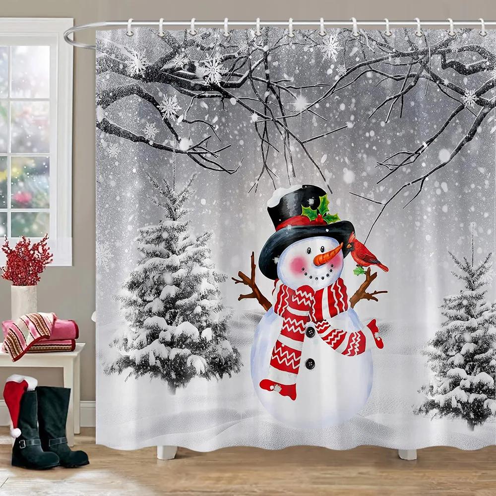 Christmas Elf Shower Curtain Rug Bathroom Set Snowman Fawn Xmas Gift Happy New Year Shower Curtain Set Bathroom Decoration
