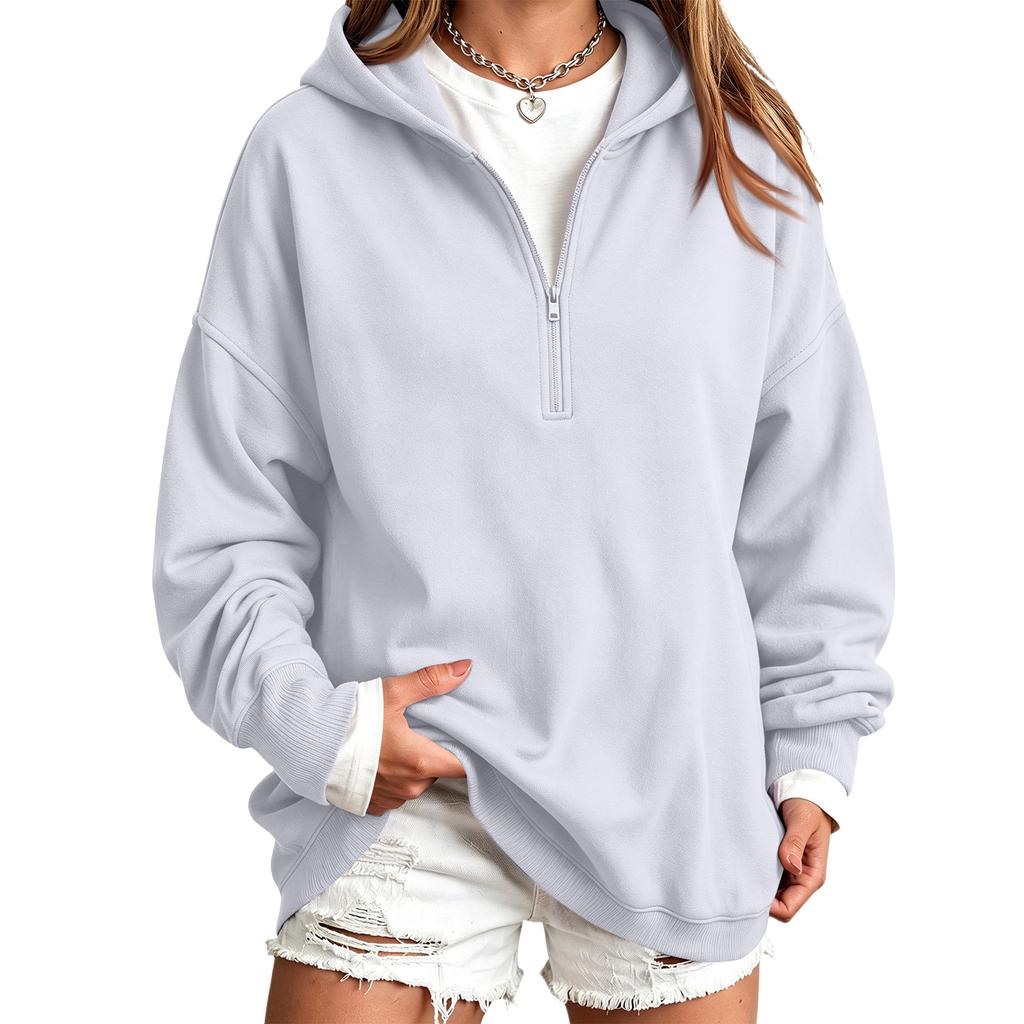 Women's Casual Half-Zip Hooded Pullover Sweatshirt, Color Long Sleeve