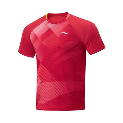 Breathable Comfortable Geometric Color Block Printed Round Neck Short Sleeve Raglan T-Shirt Unisex Tops Cherry-Blossom-Red AAYU031-3