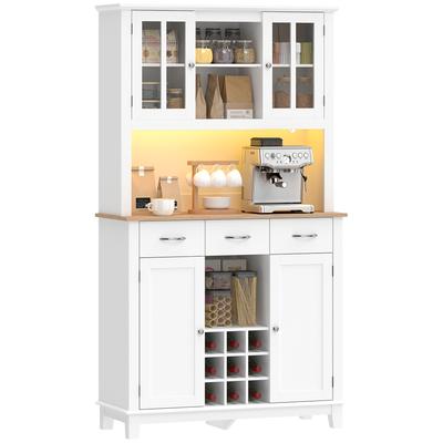 Tall Kitchen Sideboard with LED Lighting, Dresser, 4 Doors Including 2 In Glass, Drawers, Bottle Holder, White