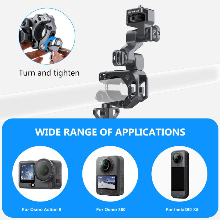 PULUZ Grey 3‑Way Aluminum‑Alloy Handlebar Mount, Dual‑Lock Dampened Bracket for Motorcycle & Bicycle Panoramic / Action Cameras