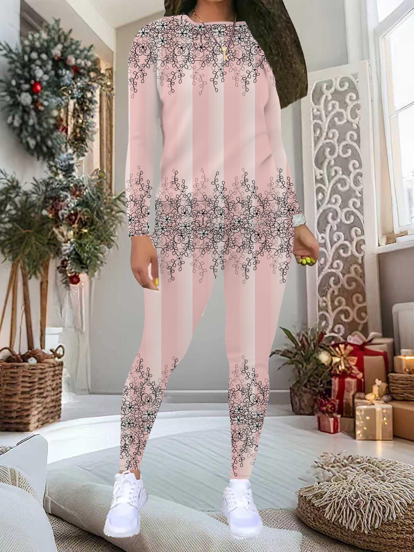 

Women s Flower Print 2-Piece Outfit: Long Sleeve Crew Neck Top & Pants, Holiday Limited Casual Party Gift Suit XXL світло-рожевий колір
