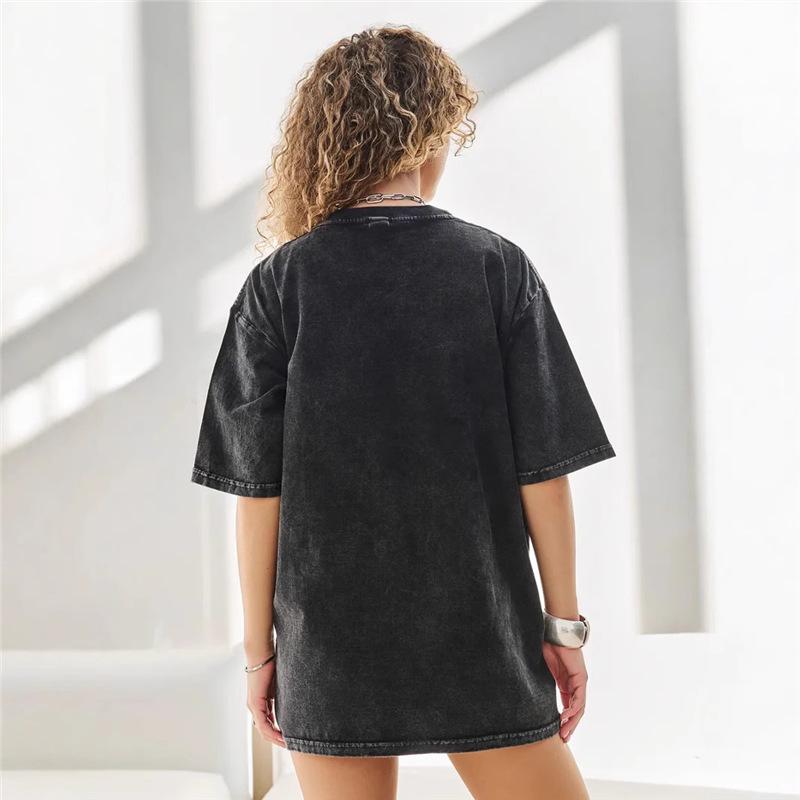 Black Short Sleeve Trendy Retro T-Shirt - 100% Cotton, Washed, Loose Fit, Versatile Print, Hong Kong Style