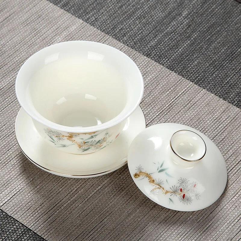 White Jade Porcelain Tea Bowl, Tea Cup and Saucer, Gaiwan, High-End Chinese Household Tea Set, Ceramic Puer Teacups, Tureen