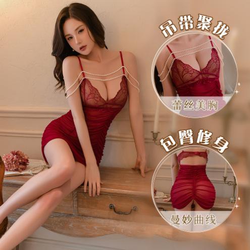 Sexy hot deep V perspective pearl chain suspender skirt hollow backless pleated yarn tight and thin nightdress