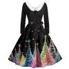Christmas Print Flare Dress For Women Long Sleeve Dress Hollow Party Casual Dresses