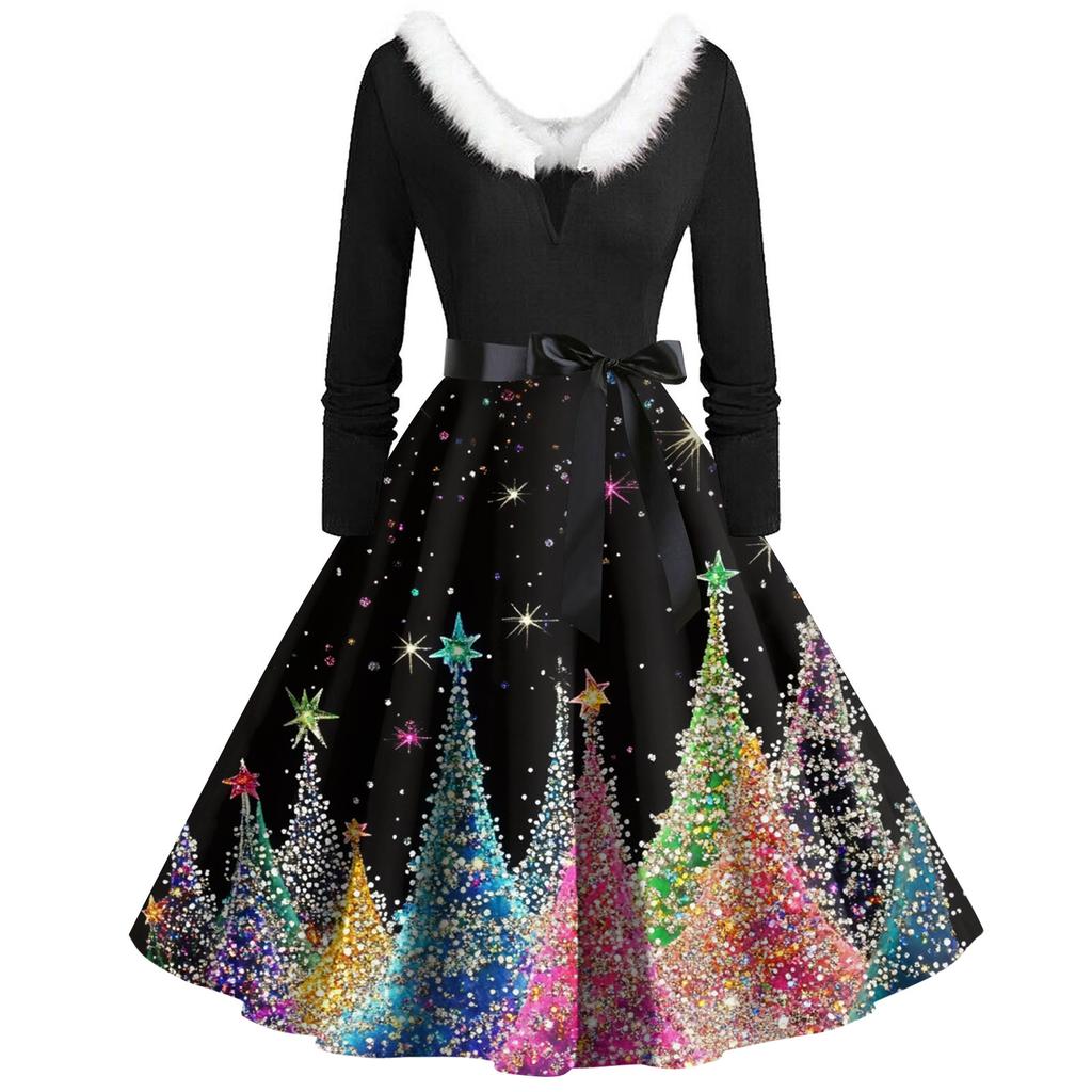 Christmas Print Flare Dress For Women Long Sleeve Dress Hollow Party Casual Dresses