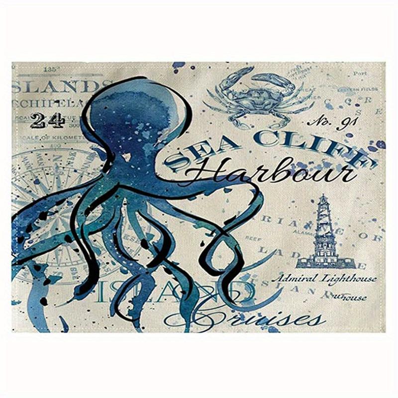 1pc Vintage Ocean Style Encrypted Linen Placemat, Summer Style Seahorse/Starfish/Seashell/Conch Table Mat, Tabletop Protection