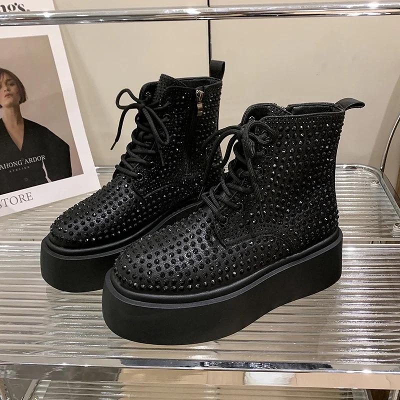 Móda Luxusní Křišťálové Platformové Kotníkové Boty Ploché Dámské Boty Zimní Tenisky 2025 Trend Designér Nové Chelsea Boty Elegantní Botas Mujer