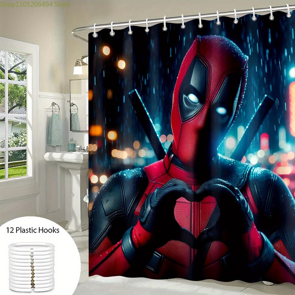 1Pc Marvel Shower Curtain Deadpool Shower Curtain, Printed Pattern Bathroom Set, Bathroom Decorative Shower Curtain With Hooks