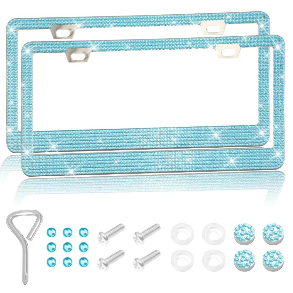 1/2pcs Bling Crystal License Plate Frame Luxury Car Frame Plate with Button Diamond Car License Plate Frame Cover for Women