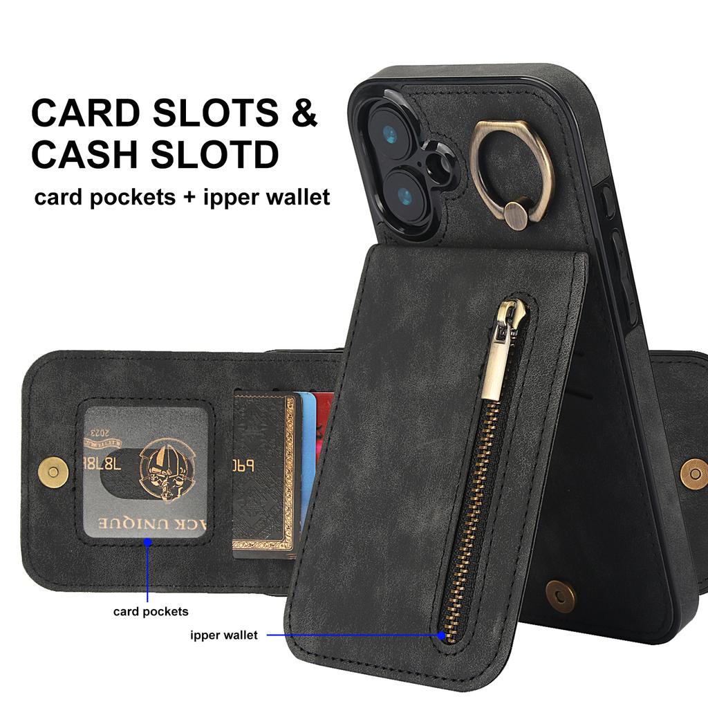 For iPhone 16 Plus Case RFID Blocking Ring Kickstand Retro Leather+TPU Anti-Fall Phone Cover