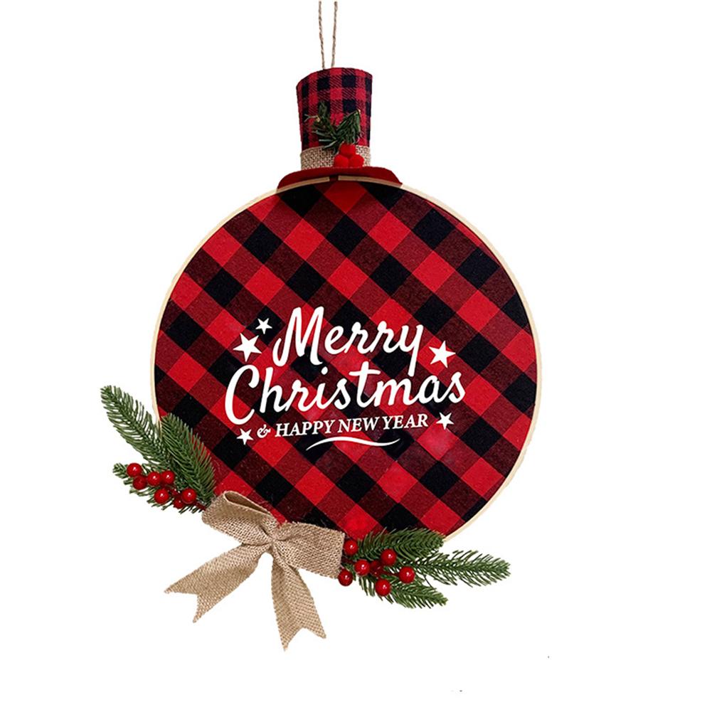 Wooden Christmas Decorations Red Black Plaid Printed Wreath Home Door Pendant
