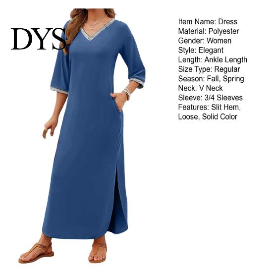 Casual Dress Women Maxi with Side Pockets V Neck 3/4 Sleeves Loose Slit Hem Solid Color Patchwork Pullover Beach