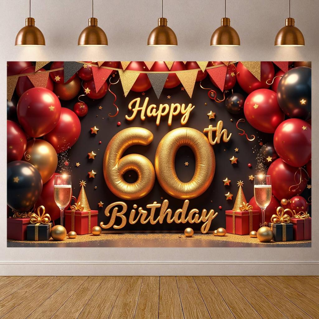 60th Birthday Backdrop Glitter Gold Finish Happy 60th Birthday Banner Birthday Photo Display Champagne Glass Elements