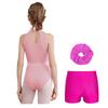 Girls Gymnastics Dance Outfit Sleeveless Keyhole Back Rhinestones Leotard V Waistband Shorts Hair Tie