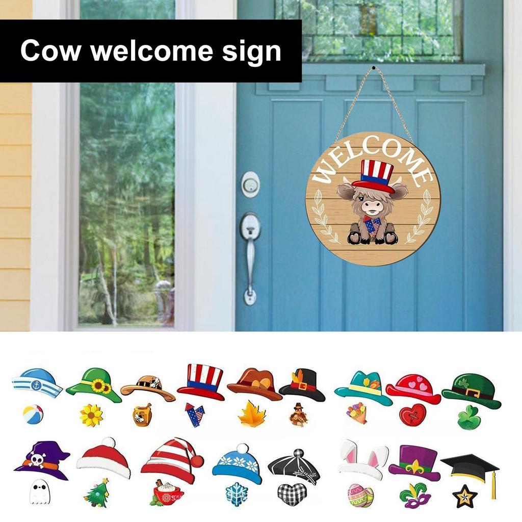 Porch Welcome Sign Magnetic Wooden Highland Cow Sign Door Decor Holiday Decor For Office Store Housewarming Party Birthday