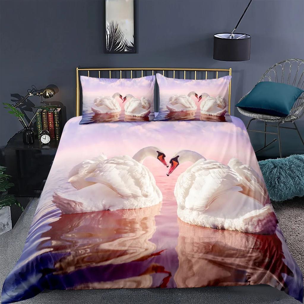 Comforter Swan White Swan Lake Comforter Twin Ocean White Swan Polyester Bedding Set For Couple Valentine'S Day Gift