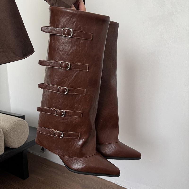 Thin heel pant boots belt buckle boots autumn and winter pointed head height fashion cowboy boots retro spice knight boots